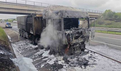 Lastiği patlayarak alev alan tır küle döndü
