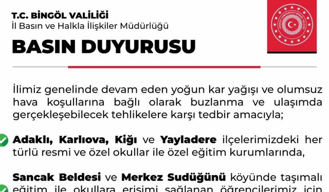 Bingöl’ün 4 ilçesinde eğitime kar engeli