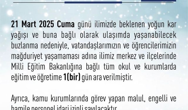 Elazığ’da eğitime 1 gün ara