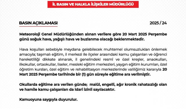 Niğde’de eğitime 1 gün ara verildi