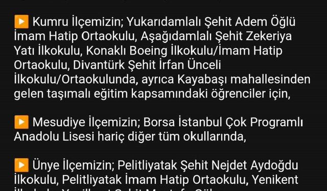 Ordu’nun 12 ilçesinde eğitime kar engeli