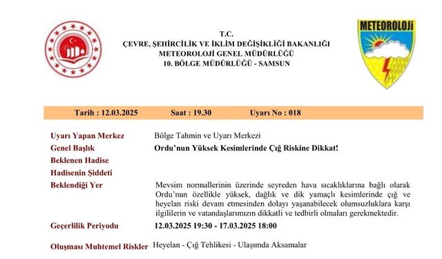 Ordu’nun yüksek kesimlerinde "çığ riski" uyarısı