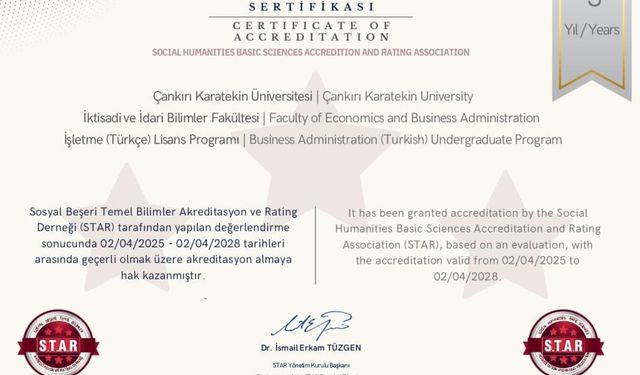 Çankırı Karatekin Üniversitesi’ndeki bir bölüme 3 yıllık akreditasyon belgesi