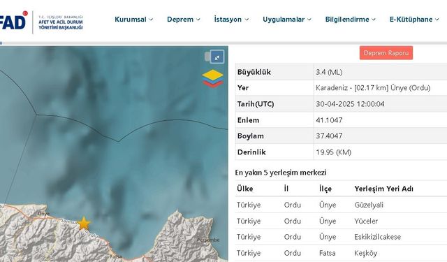 Ordu’da 3.4 büyüklüğünde deprem