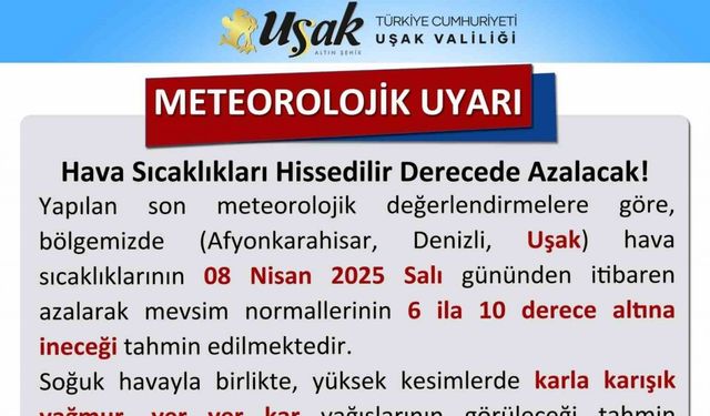 Uşak Valiliğince soğuk hava uyarısı