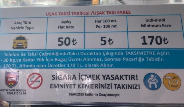 Uşak’ta taksi indi-bindi ücreti 170 TL oldu