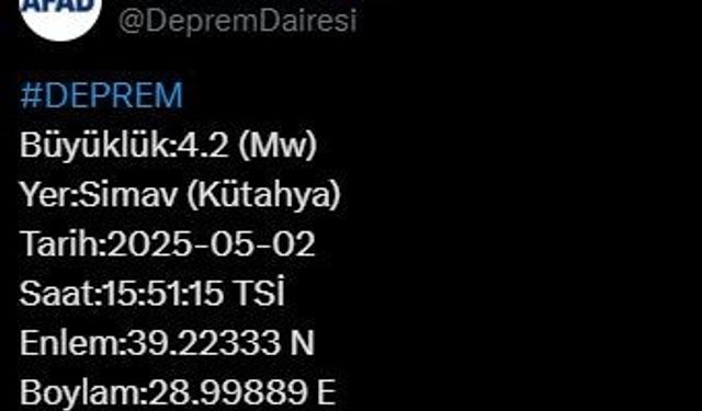Kütahya’da 4,2 büyüklüğünde deprem