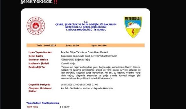 Sakarya’da kuvvetli yağış uyarısı
