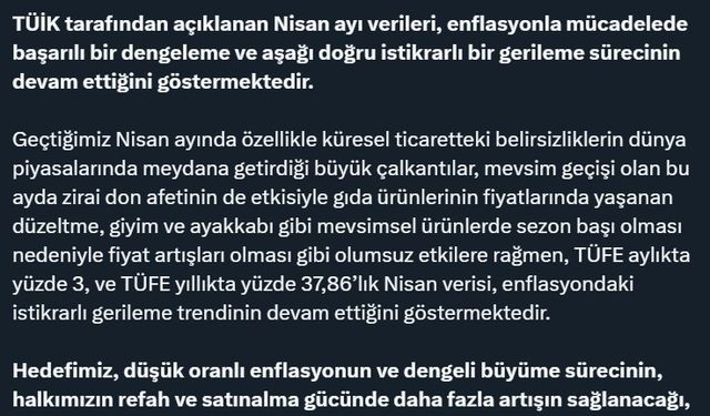 Ticaret Bakanı Bolat: "Nisan verileri, enflasyondaki gerileme trendinin devam ettiğini göstermektedir"